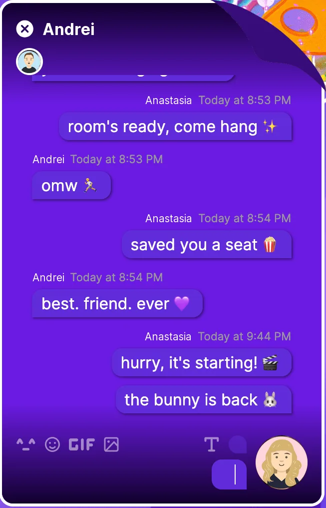 A Here direct-message conversation about movie night